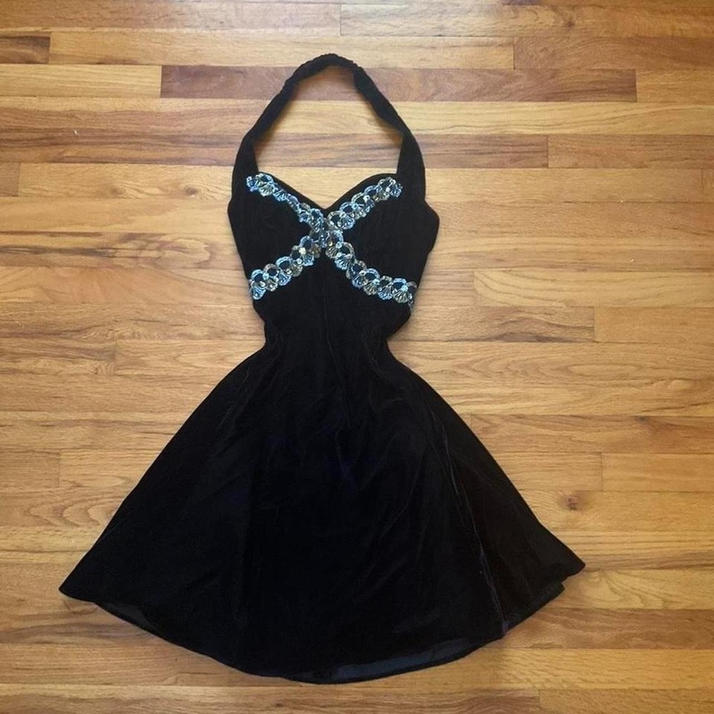 Vintage 90s Black Velvet Halter Dress Beaded Gold + Silver Whimsygoth Preppy